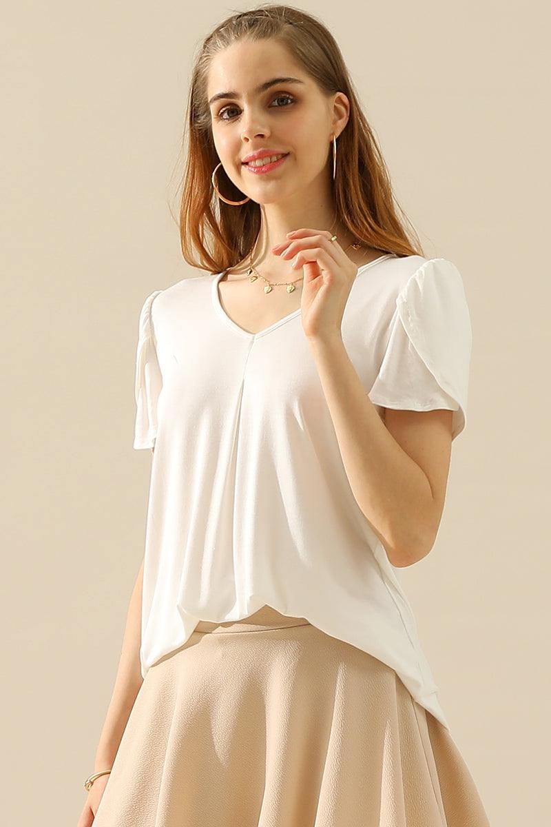 SOLID V NECK SHORT TULIP SLEEVE TUNIC TOPS - Doublju