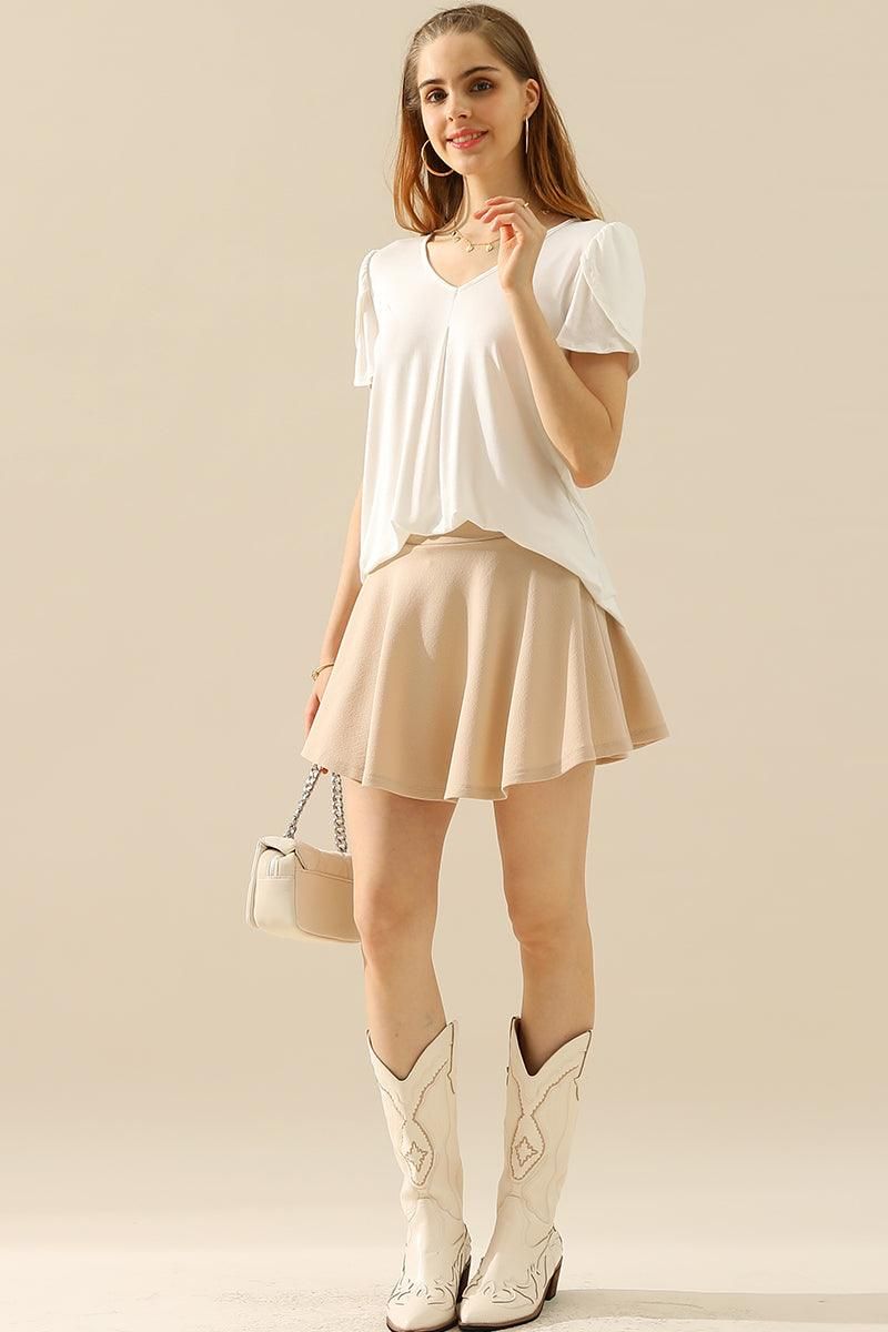 SOLID V NECK SHORT TULIP SLEEVE TUNIC TOPS - Doublju