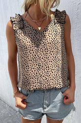 LEOPARD FRILL LACE SHOULDER SLEEVELESS TUNIC TOP - Doublju