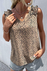 LEOPARD FRILL LACE SHOULDER SLEEVELESS TUNIC TOP - Doublju