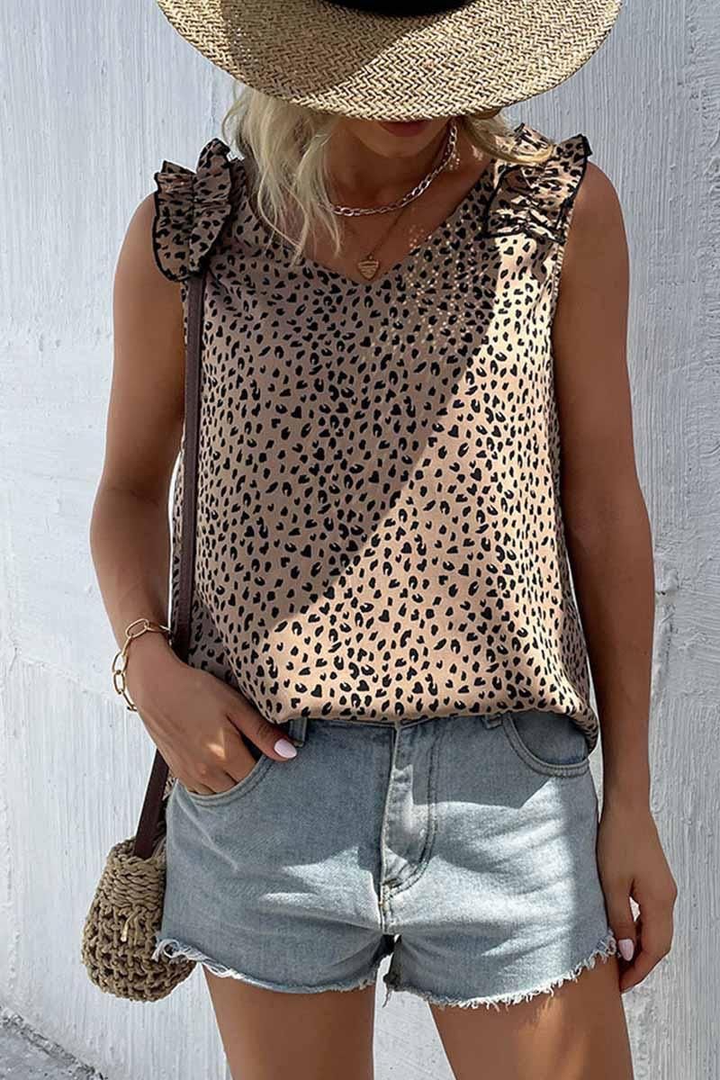 LEOPARD FRILL LACE SHOULDER SLEEVELESS TUNIC TOP - Doublju