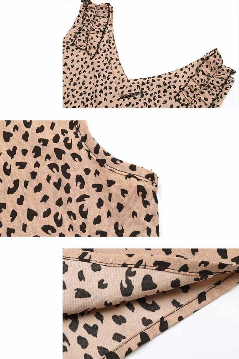 LEOPARD FRILL LACE SHOULDER SLEEVELESS TUNIC TOP - Doublju