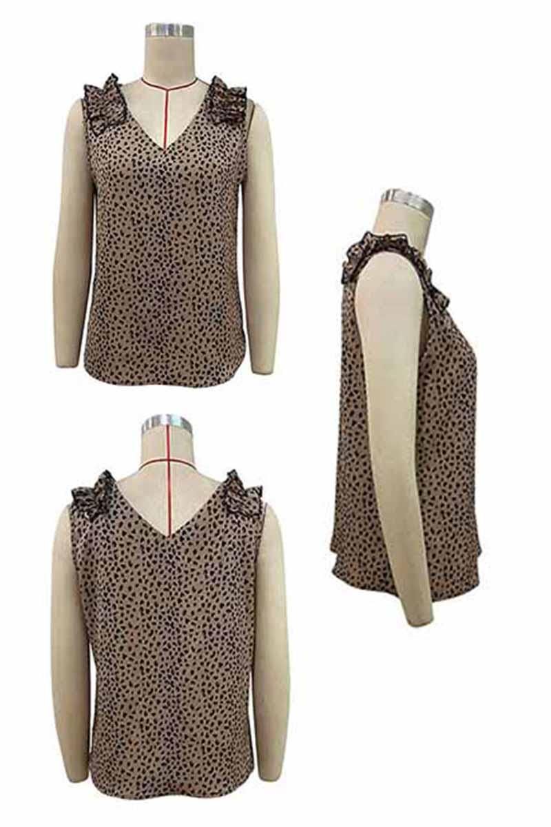 LEOPARD FRILL LACE SHOULDER SLEEVELESS TUNIC TOP - Doublju