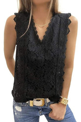 V NECK FLORAL LACE MESH SLEEVELESS TOP - Doublju