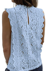 V NECK FLORAL LACE MESH SLEEVELESS TOP - Doublju
