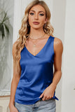 DEEP V NECK SATIN SLEEVELESS TUNIC TOP - Doublju