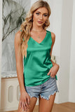 DEEP V NECK SATIN SLEEVELESS TUNIC TOP - Doublju