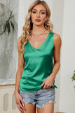 DEEP V NECK SATIN SLEEVELESS TUNIC TOP - Doublju