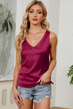 DEEP V NECK SATIN SLEEVELESS TUNIC TOP - Doublju