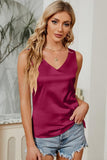 DEEP V NECK SATIN SLEEVELESS TUNIC TOP - Doublju