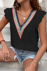 MULTICOLOR LACE V NECK RUFFLE SHORT SLEEVE TOP - Doublju