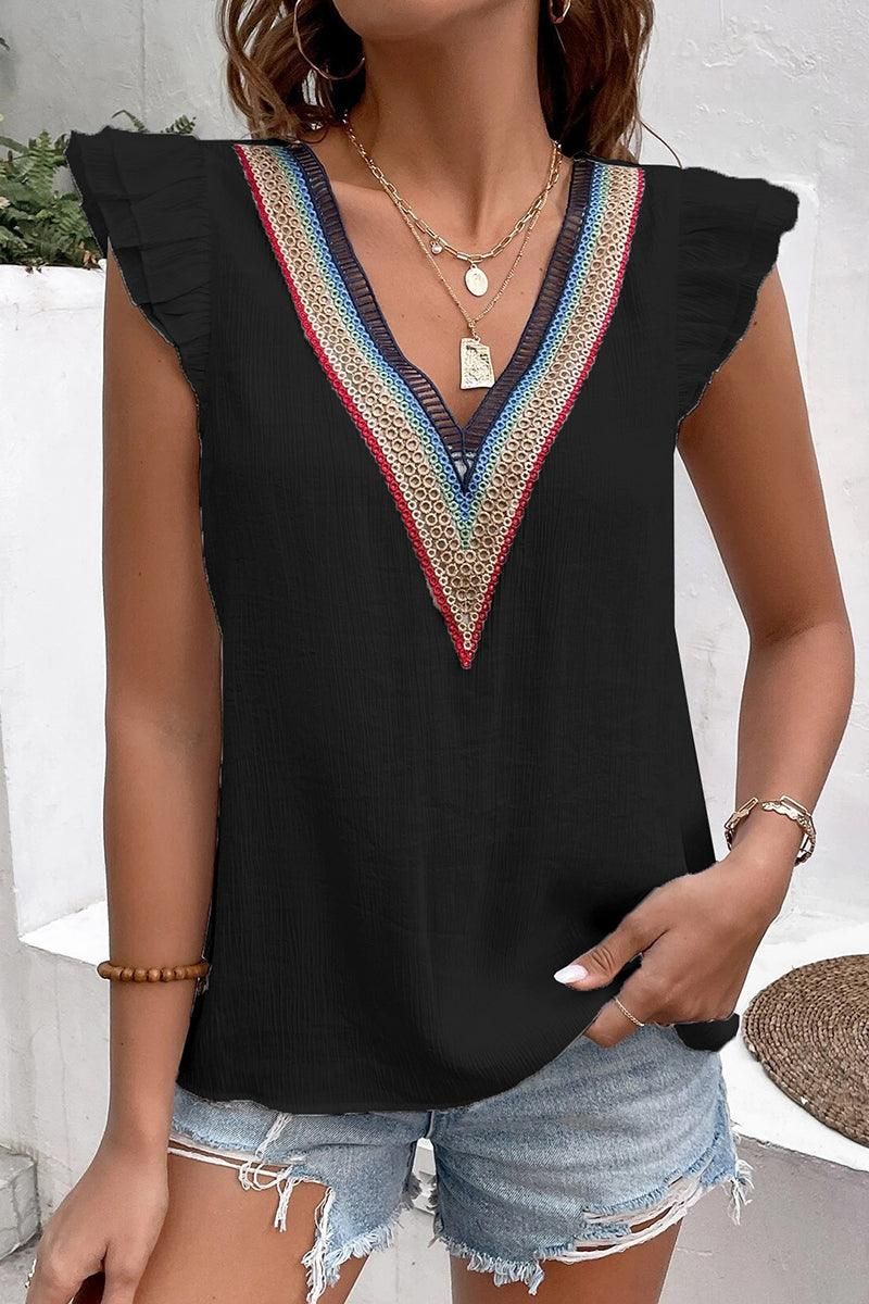MULTICOLOR LACE V NECK RUFFLE SHORT SLEEVE TOP - Doublju