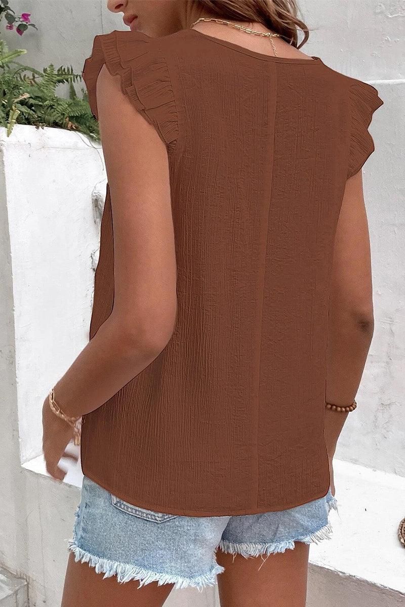 MULTICOLOR LACE V NECK RUFFLE SHORT SLEEVE TOP - Doublju