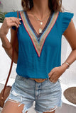 MULTICOLOR LACE V NECK RUFFLE SHORT SLEEVE TOP - Doublju