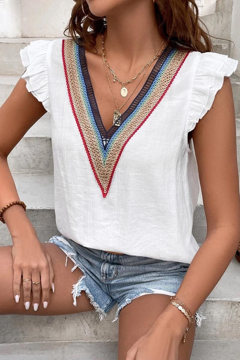 MULTICOLOR LACE V NECK RUFFLE SHORT SLEEVE TOP - Doublju