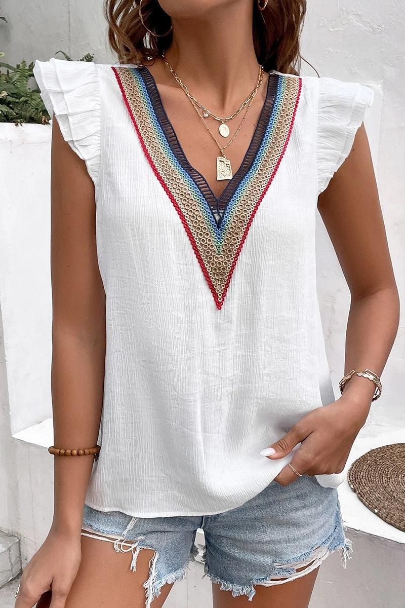 MULTICOLOR LACE V NECK RUFFLE SHORT SLEEVE TOP - Doublju
