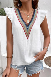 MULTICOLOR LACE V NECK RUFFLE SHORT SLEEVE TOP - Doublju