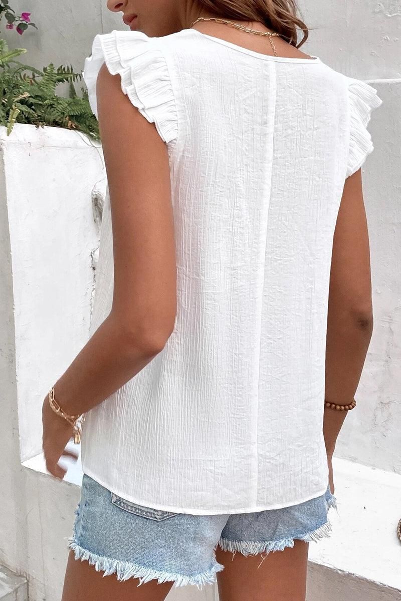 MULTICOLOR LACE V NECK RUFFLE SHORT SLEEVE TOP - Doublju