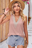 V NECK PUNCHING LACE LOOSE SLEEVELESS TUNIC TOP - Doublju