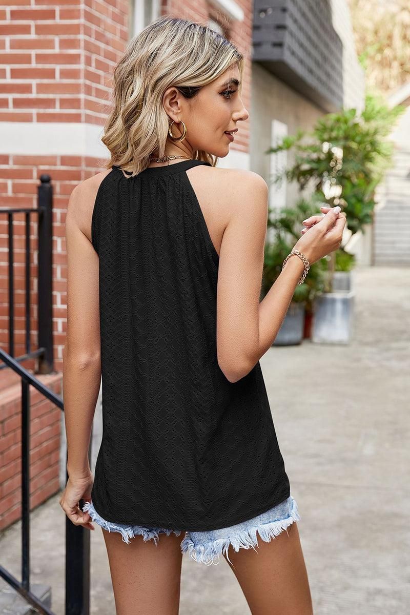 WOMEN TRENDY EYELET HALTER T SHIRTS - Doublju