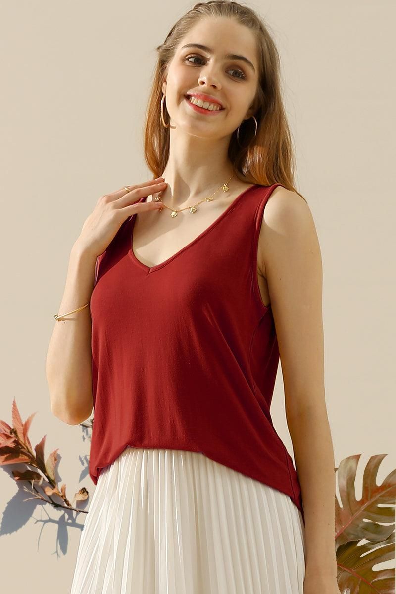 V NECK WIDE SLEEVELESS SOLID TEE SHIRTS TOPS - Doublju