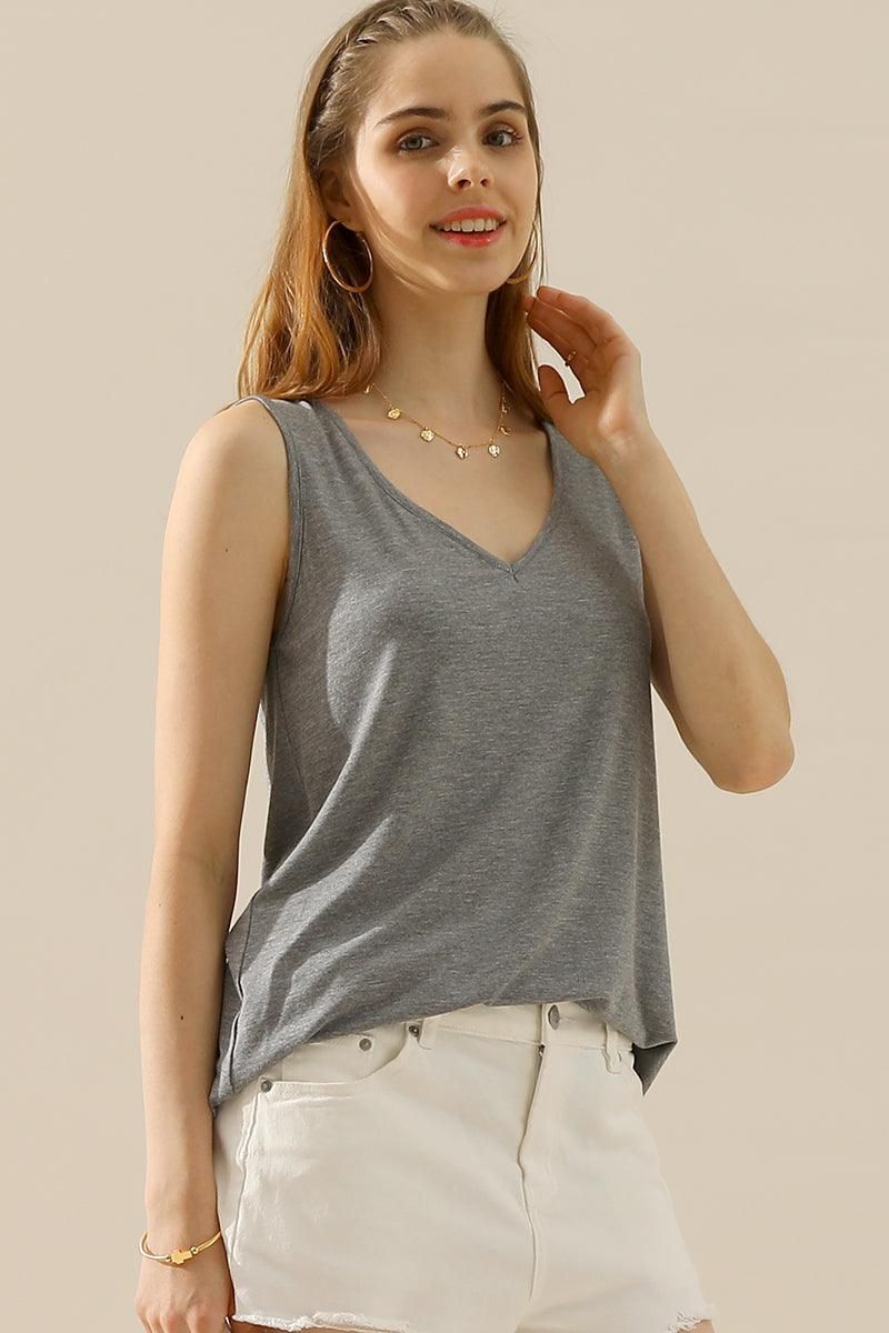 V NECK WIDE SLEEVELESS SOLID TEE SHIRTS TOPS - Doublju