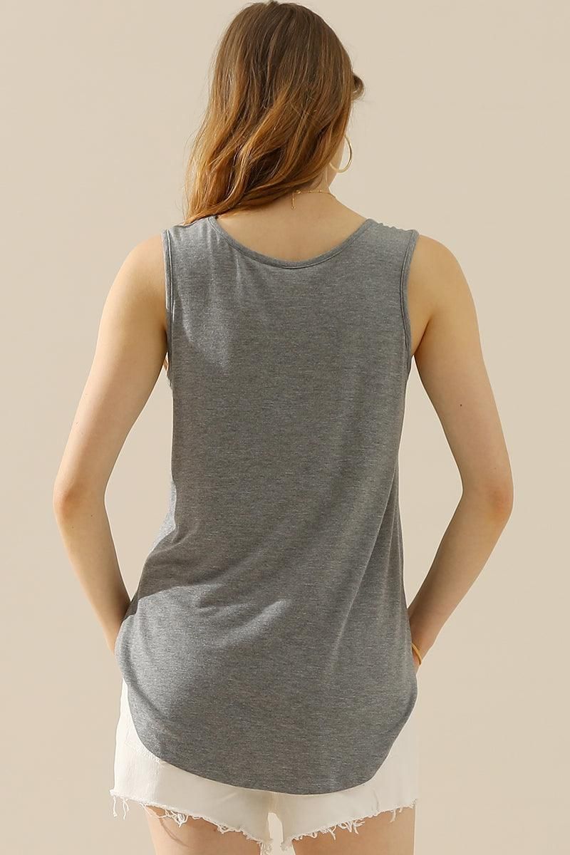 V NECK WIDE SLEEVELESS SOLID TEE SHIRTS TOPS - Doublju