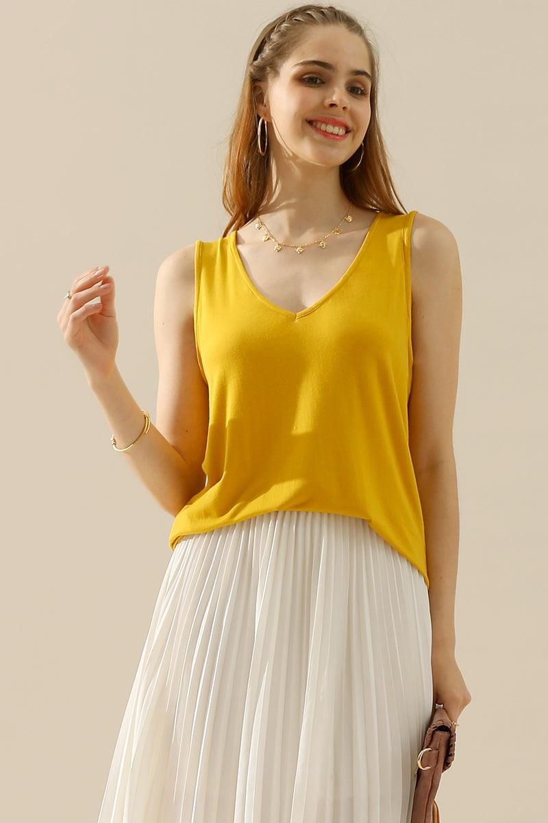 V NECK WIDE SLEEVELESS SOLID TEE SHIRTS TOPS - Doublju