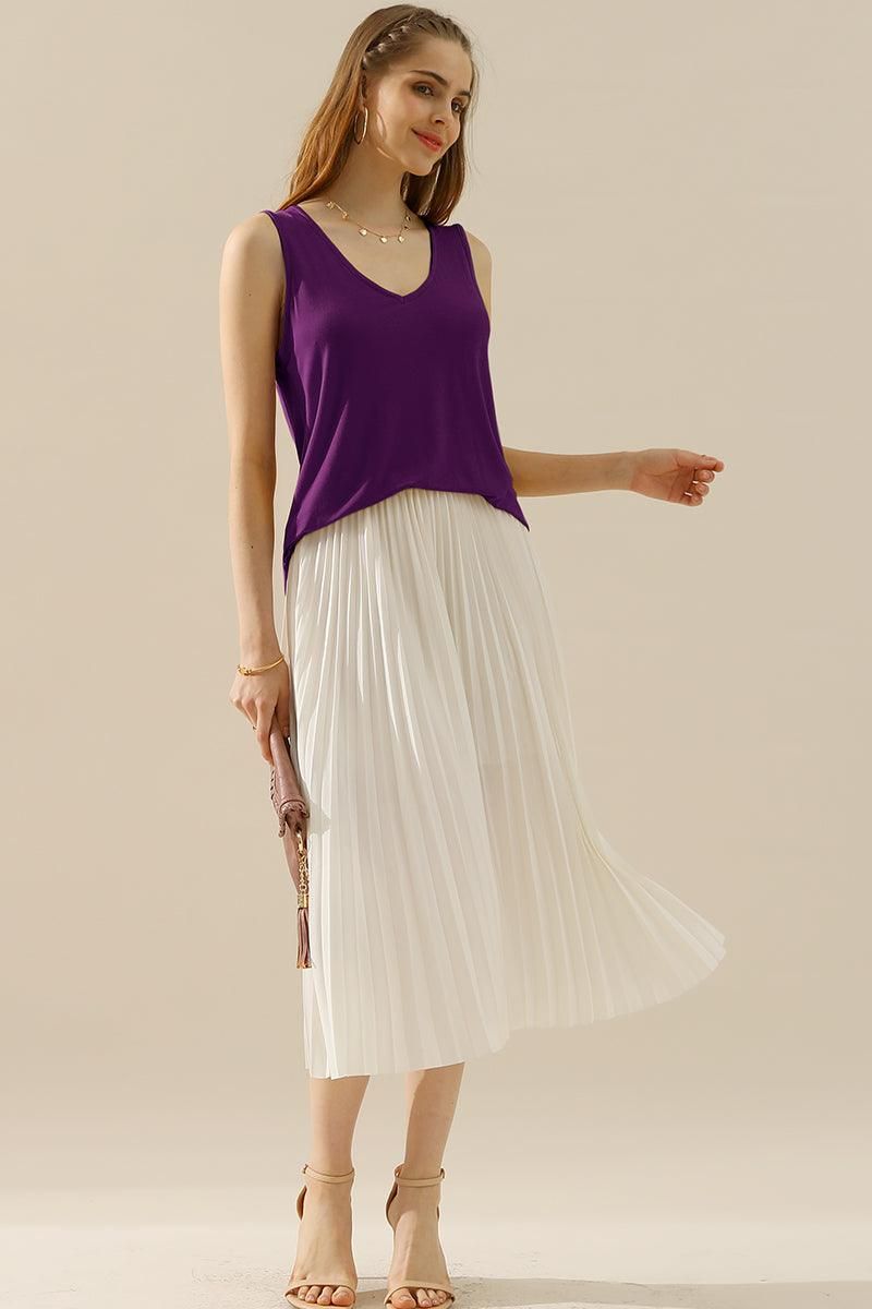 V NECK WIDE SLEEVELESS SOLID TEE SHIRTS TOPS - Doublju