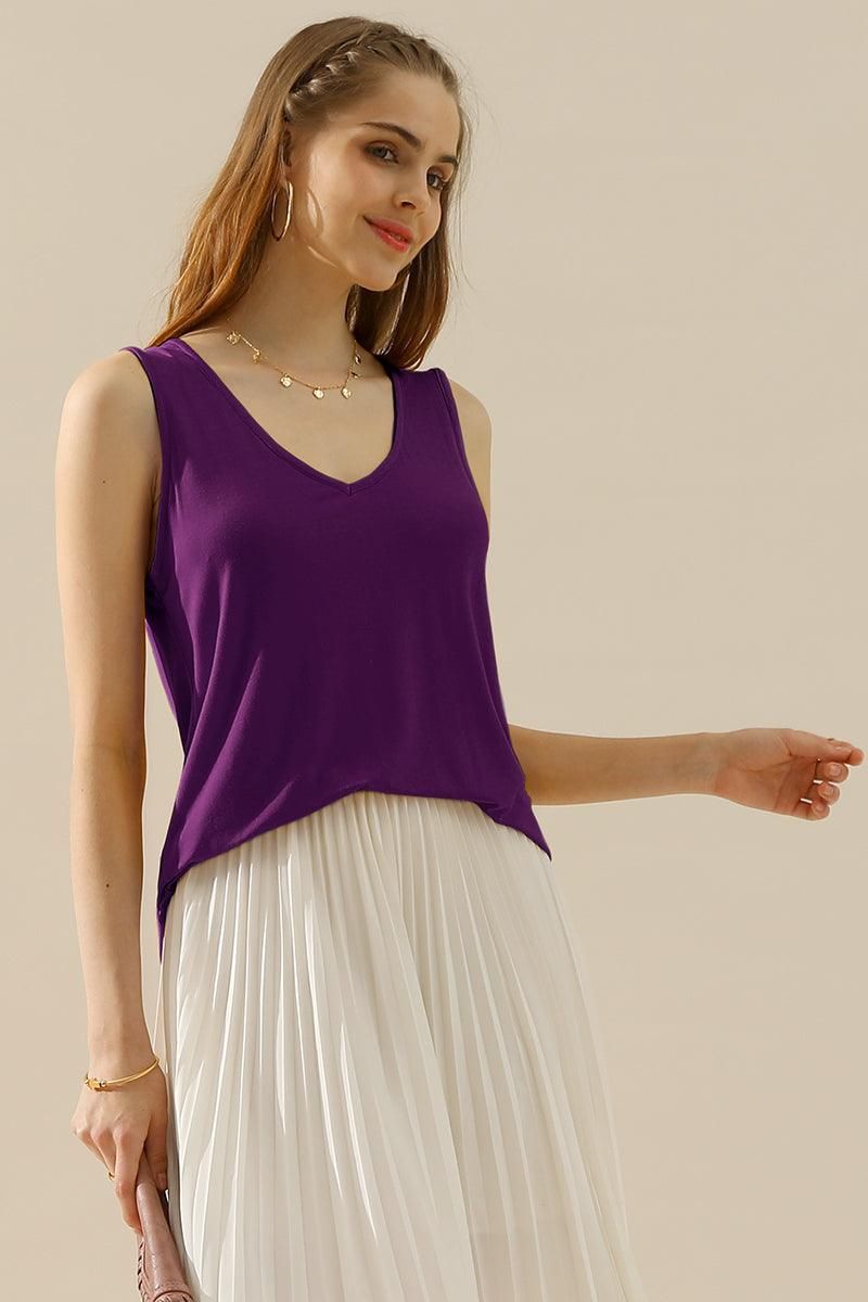 V NECK WIDE SLEEVELESS SOLID TEE SHIRTS TOPS - Doublju