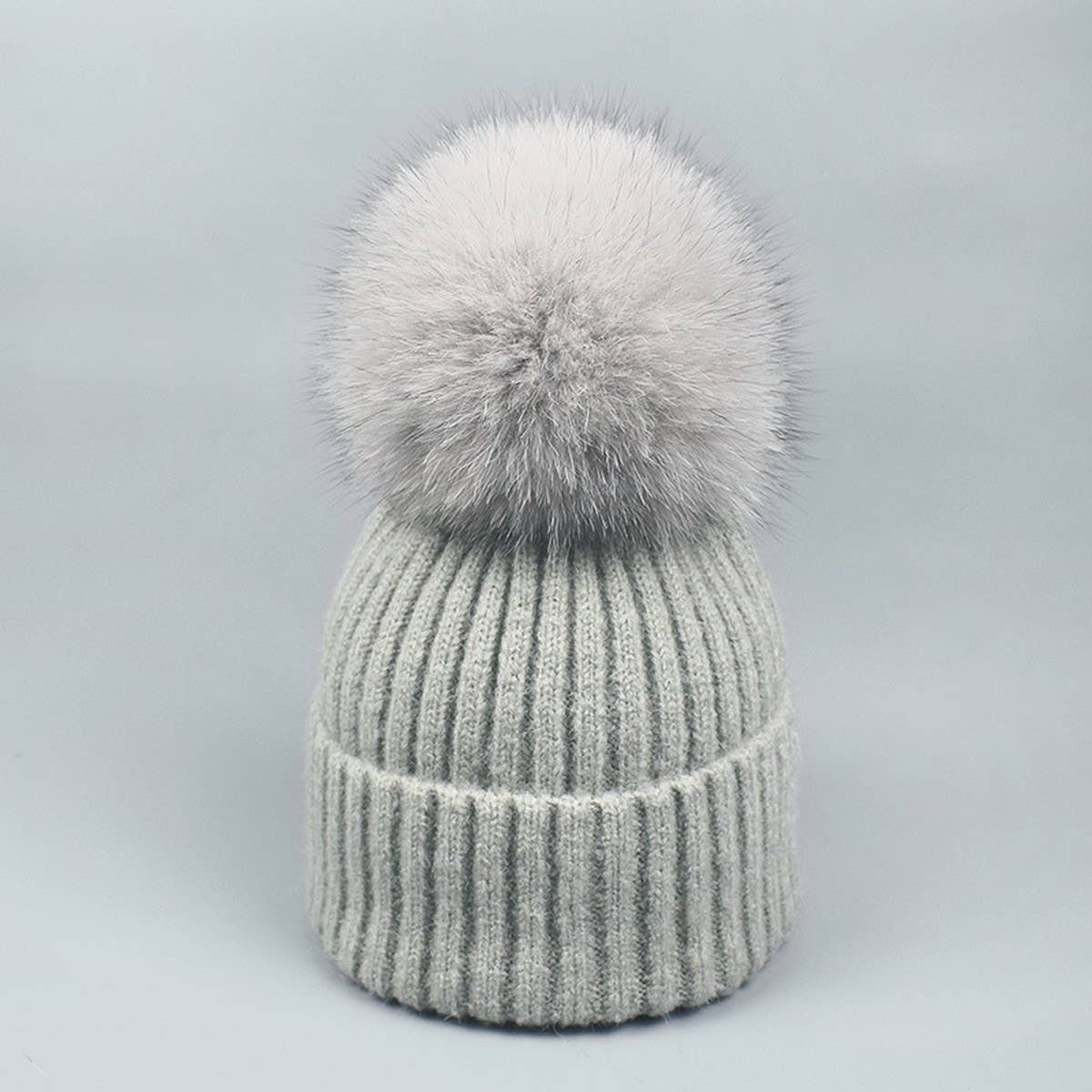 Winter Knit Beanie Hat With Fox Fur Pom For Women_Cwah05043