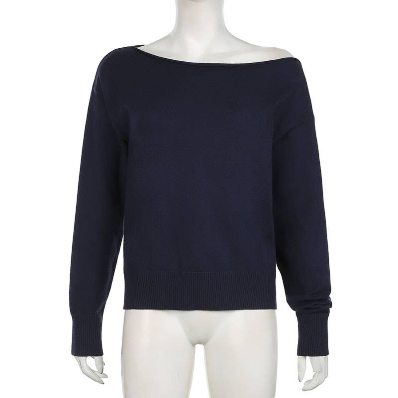 Solid Color Diagonal Shoulder Pullover Sweater