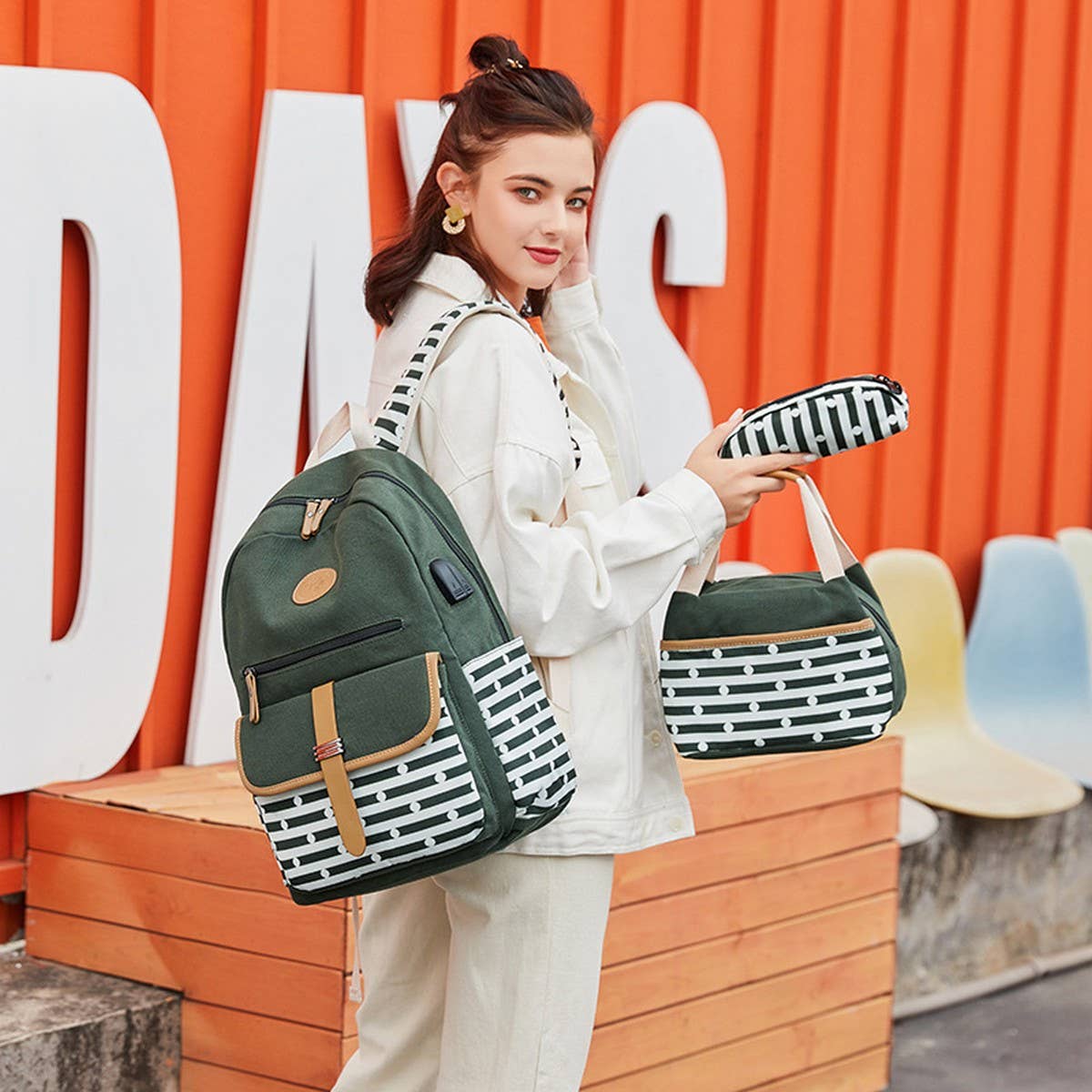 STRIPED BACKPACKS FOR SCHOOL GIRLS TRAVEL BAG_CWAB5497