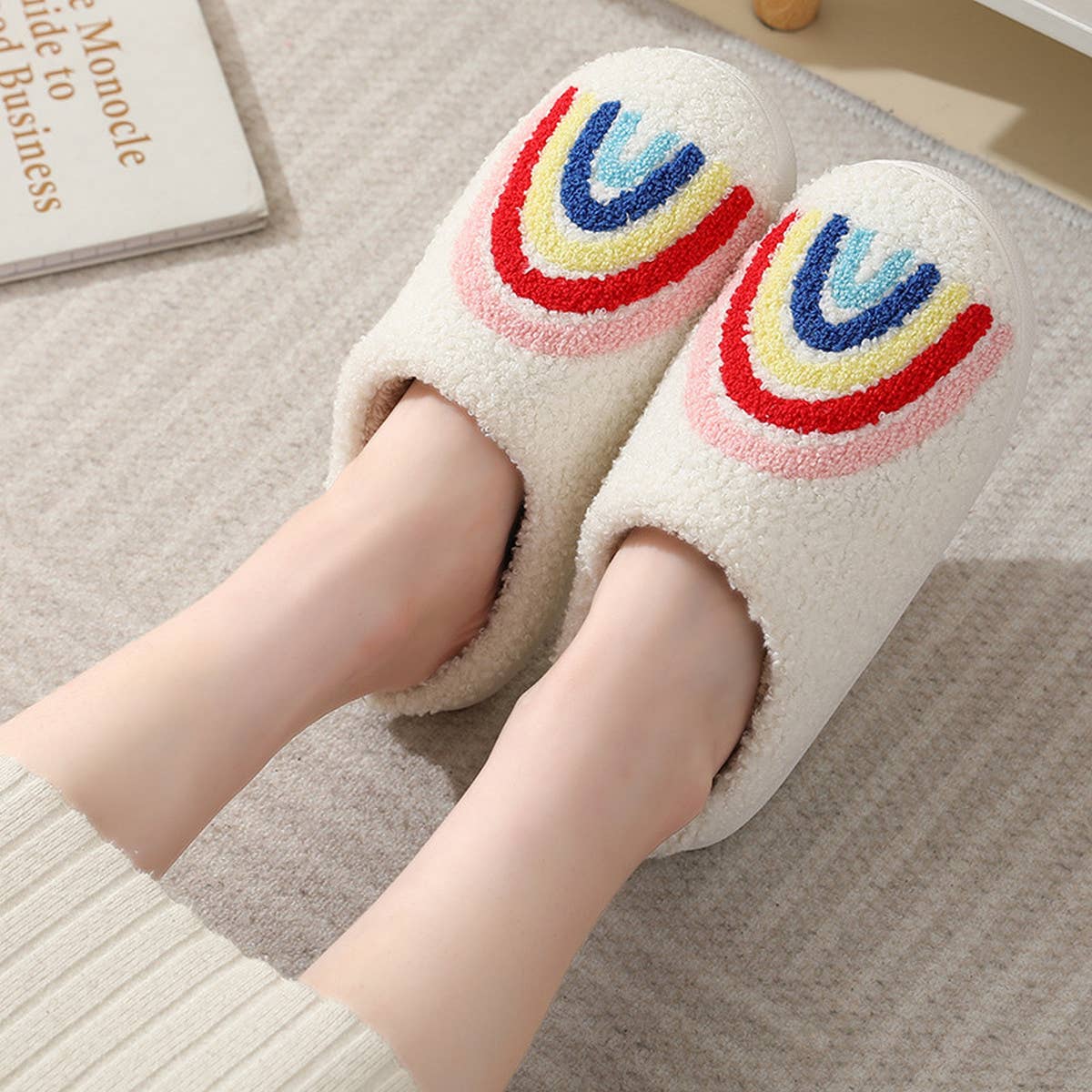 Warm Cotton Slippers With Rainbow Pattern