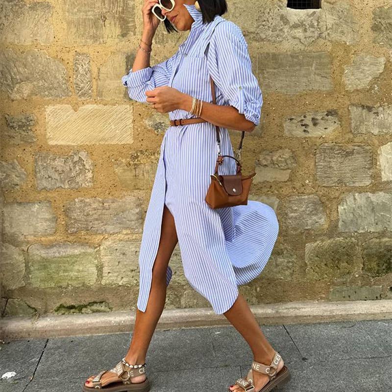 Striped Print Cardigan Mid-Length Dress