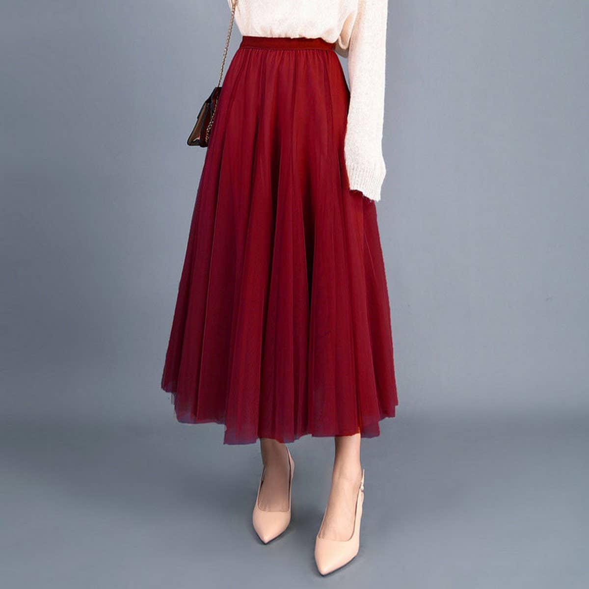 HIGH WAIST TULLE A LINE PLEATED MIDI SKIRT_CWBMS0378