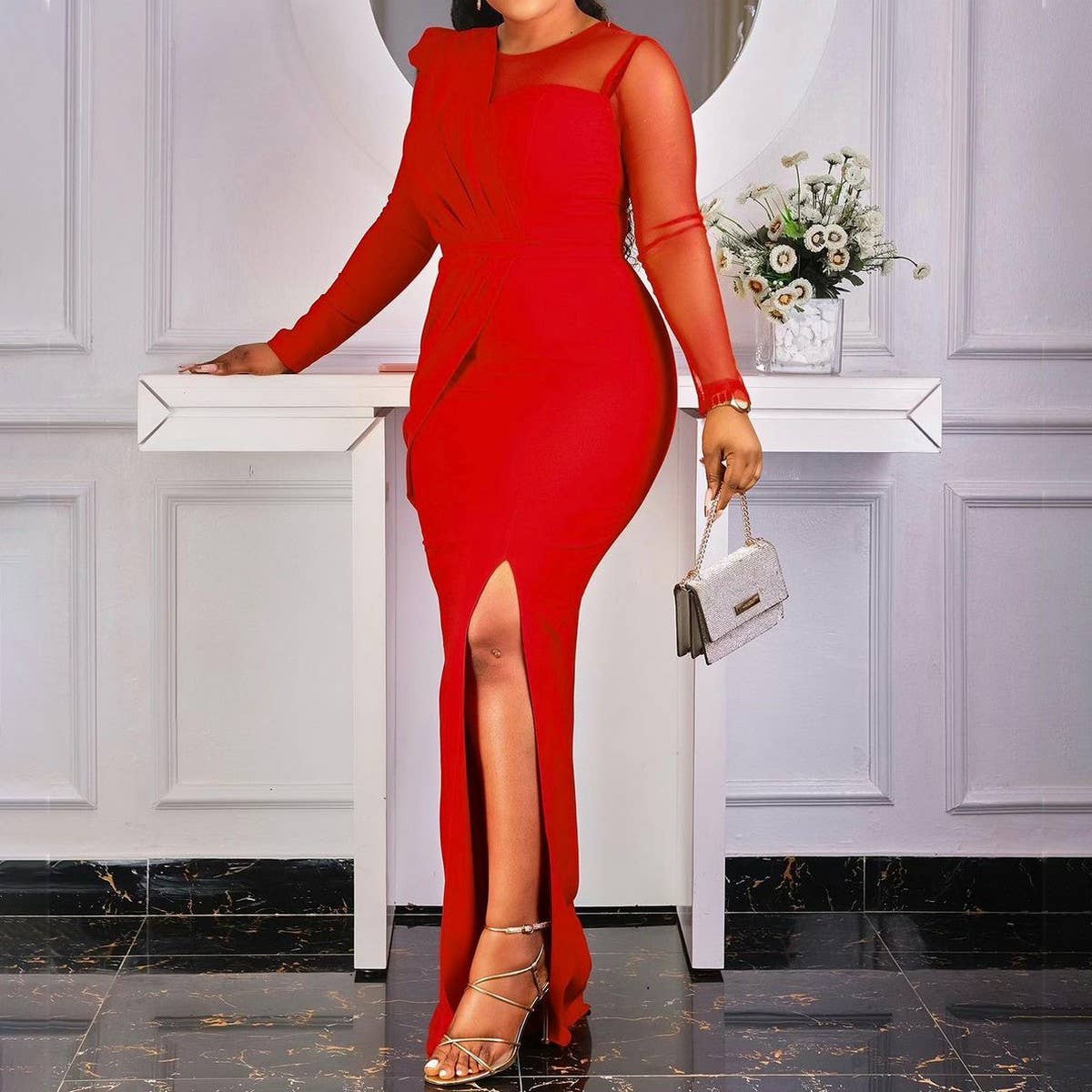 MESH SPLICING SOLID COLOR FASHIONABLE SLIT DRESS_CWDMD3708