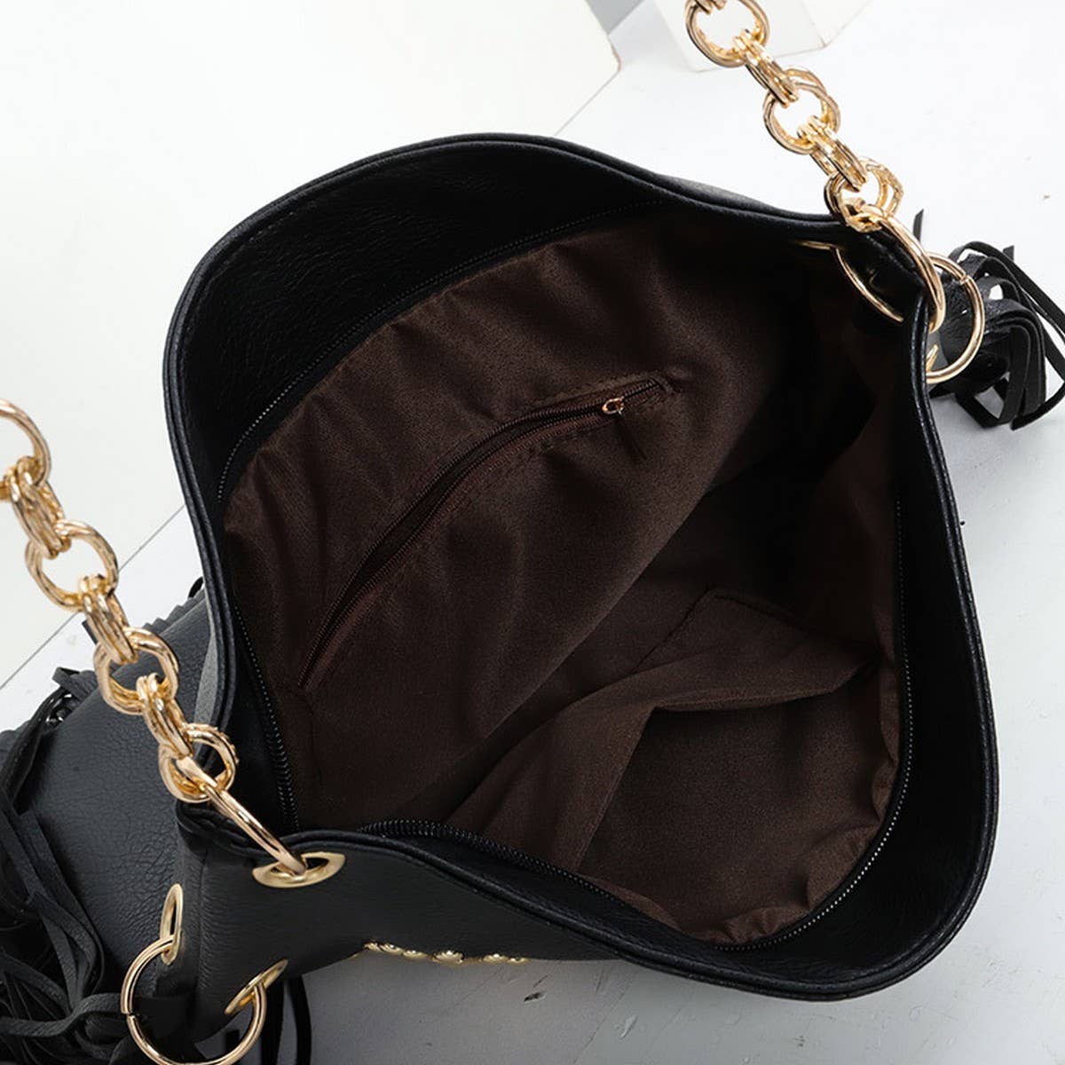 Cwab4538_Rivet Soft Leather Tassel Hand-Held Shoulder Bag