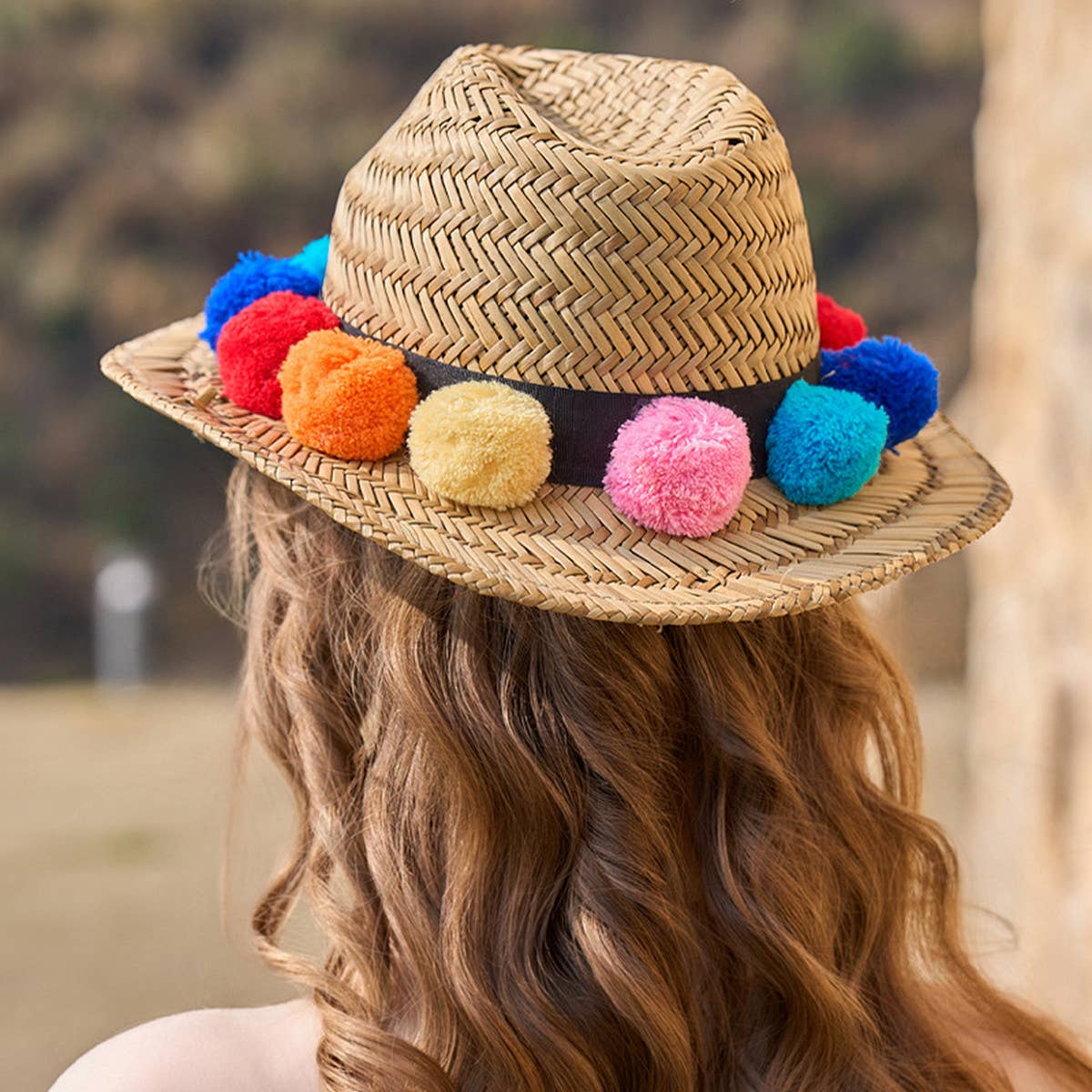 SUN PROTECTION LACE FUR BALL STRAW HAT_CWAH1348