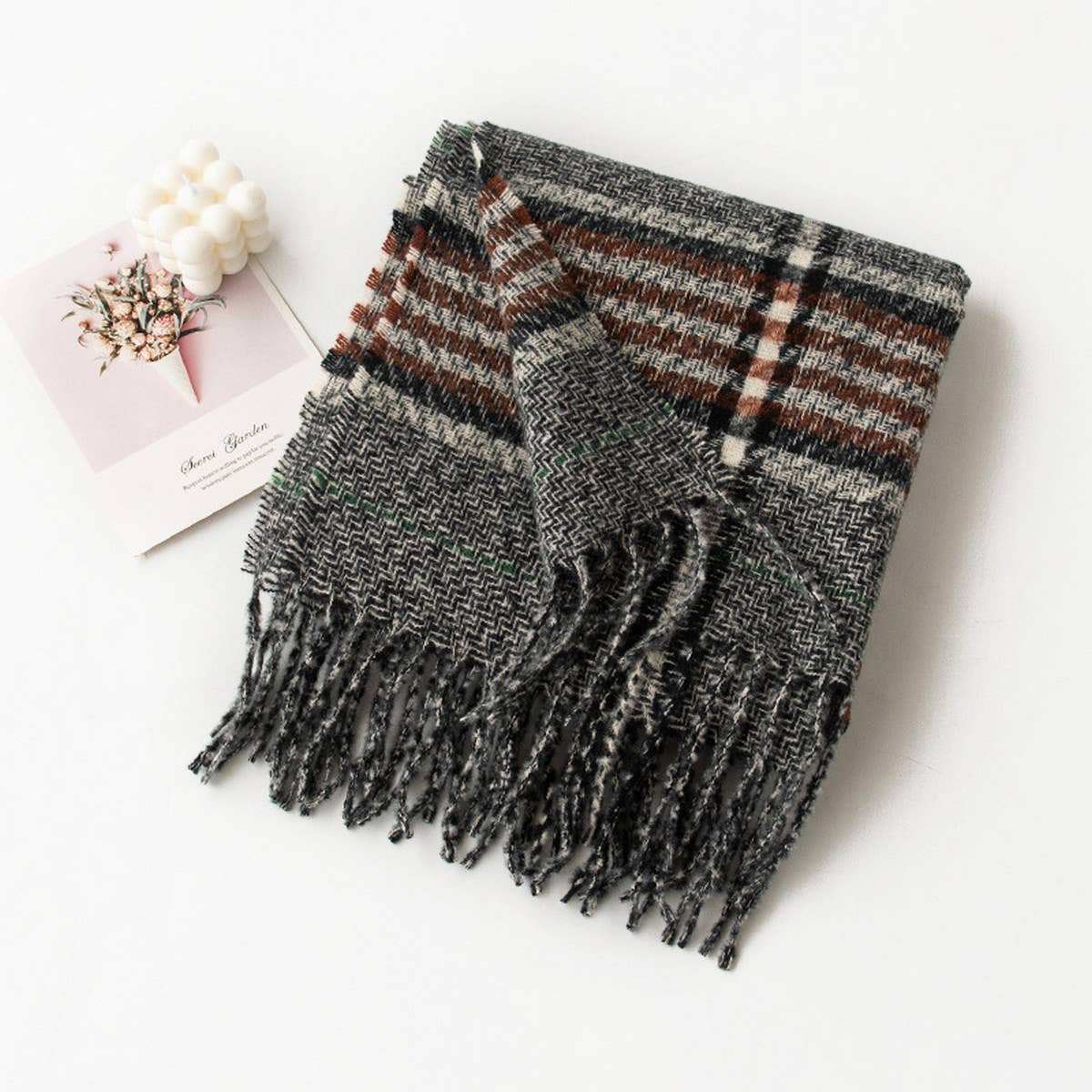 PLAID TASSEL SCARF SOFT WARM FAUX CASHMERE WRAP_CWASC0997