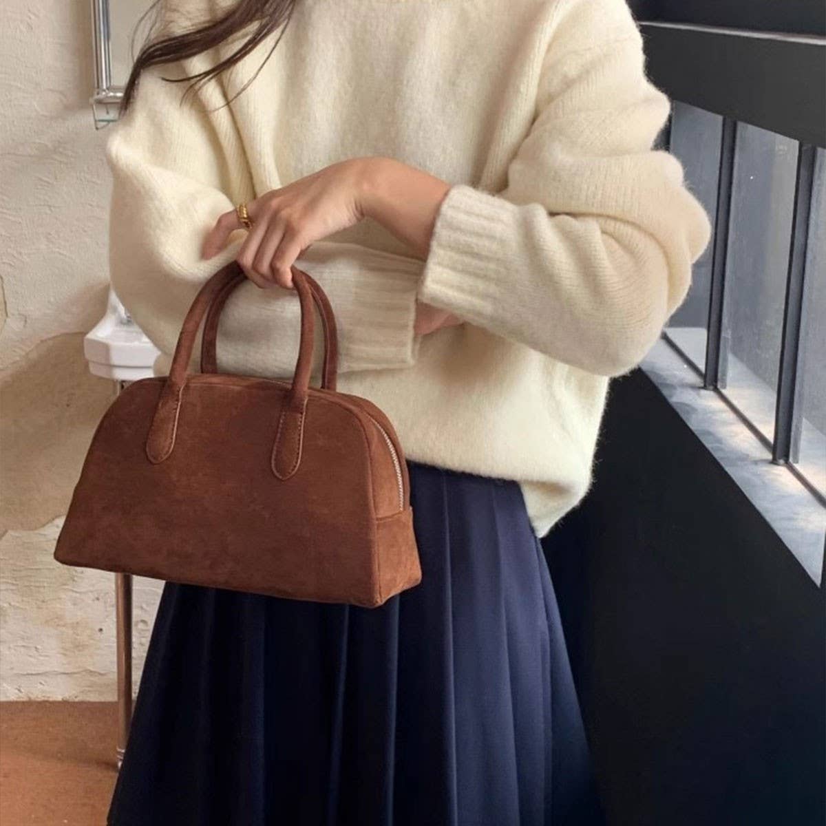 FASHION SIMPLE BROWN SUEDE BOSTON BAG HANDBAG_CWAB4114