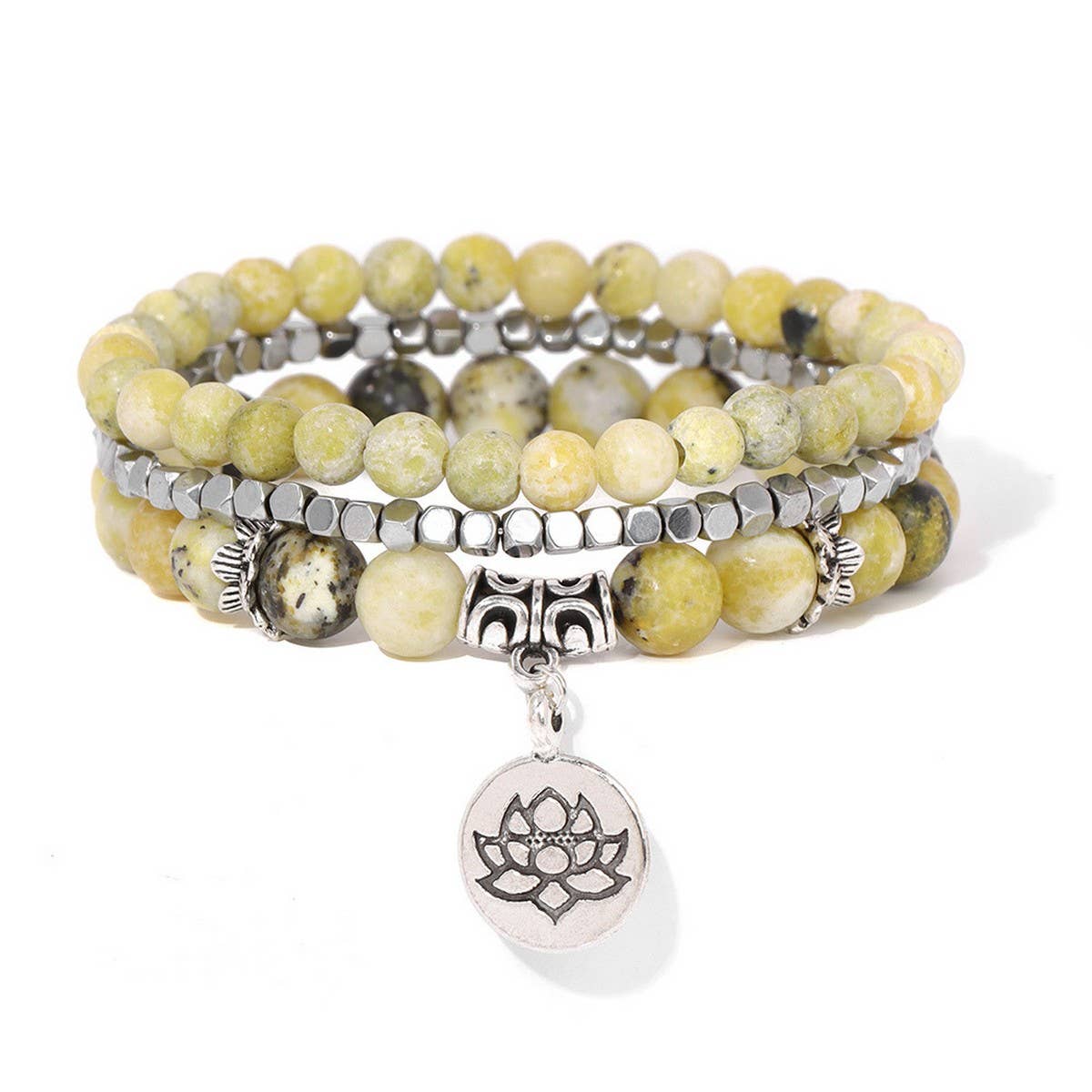 Cwaje4221_Natural Stone Beaded Bracelet with Lotus Charm