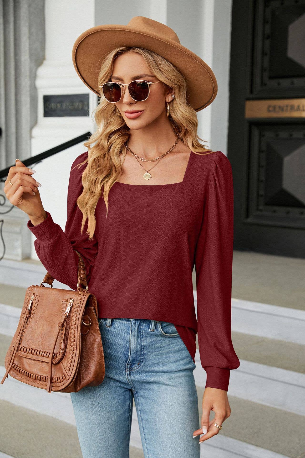 Square Collar Jacquard Long-Sleeved Loose T-Shirt