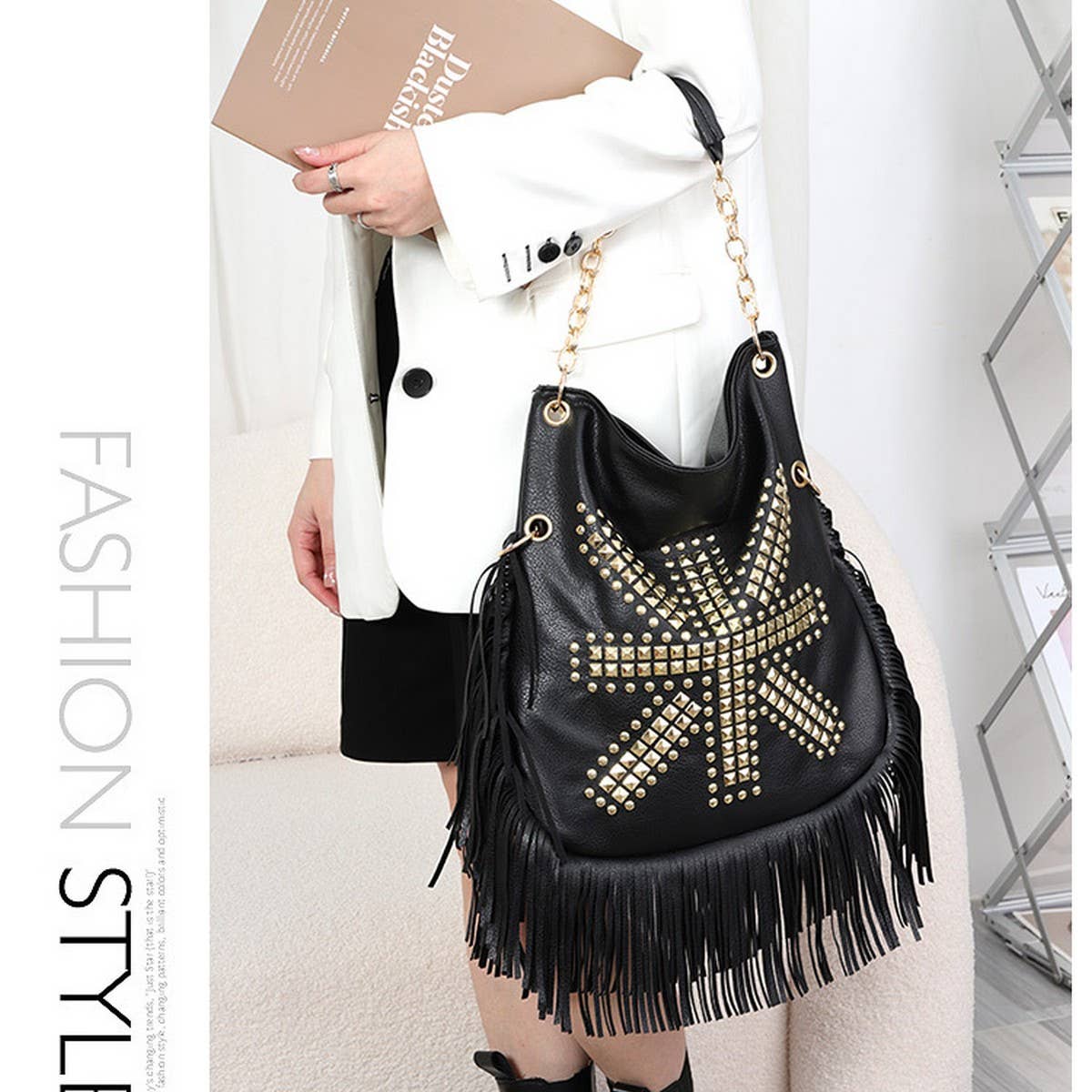 Cwab4538_Rivet Soft Leather Tassel Hand-Held Shoulder Bag