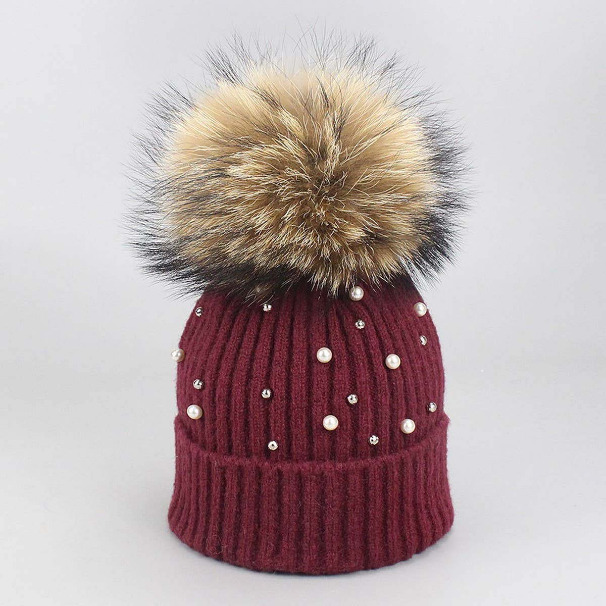 Women¡¯S Knit Beanie With Pearl & Fur Pom_Cwah04987