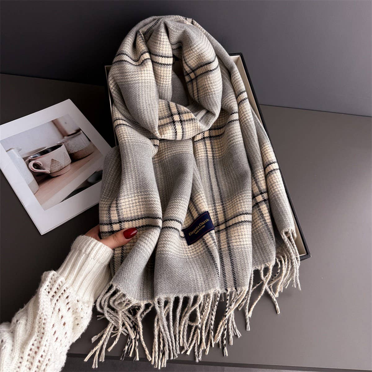 Elegant Plaid Feel Soft Winter Tassel Scarf_Cwasc03241