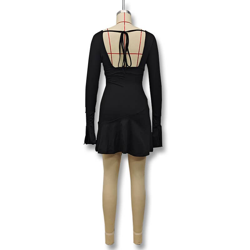 Solid Color Deep V Drawstring Pleated Dress