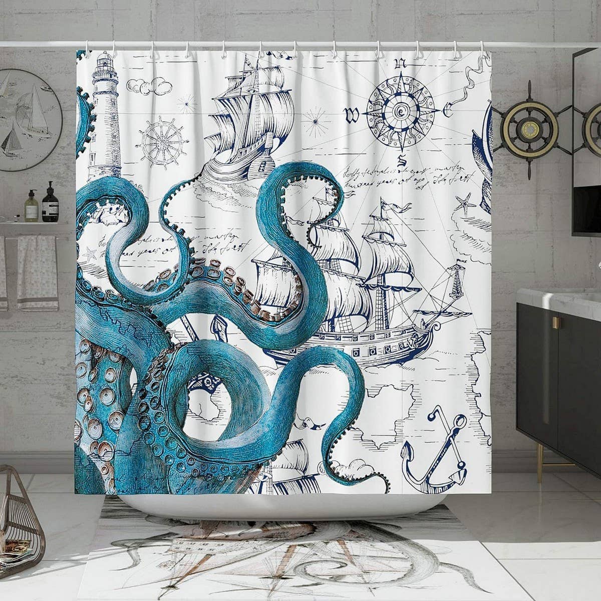 OCTOPUS PIRATE SHIP BATHROOM SHOWER CURTAIN_CWMM1804