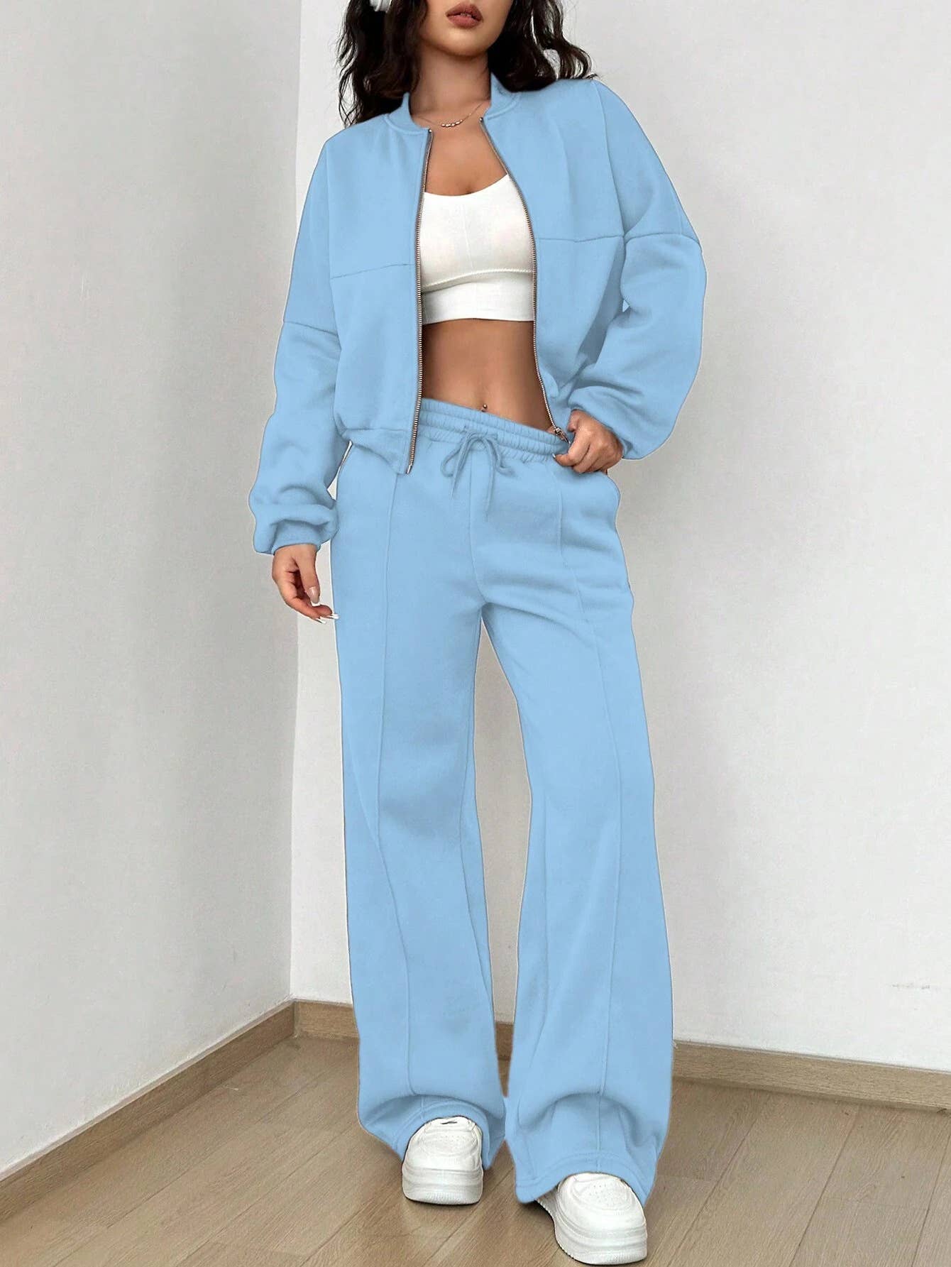 Zipper Cardigan Straight-Leg Sport Pants Set