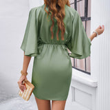 V Neck 3/4 Batwing Sleeve Ruffled Dress_Cwdsd3538